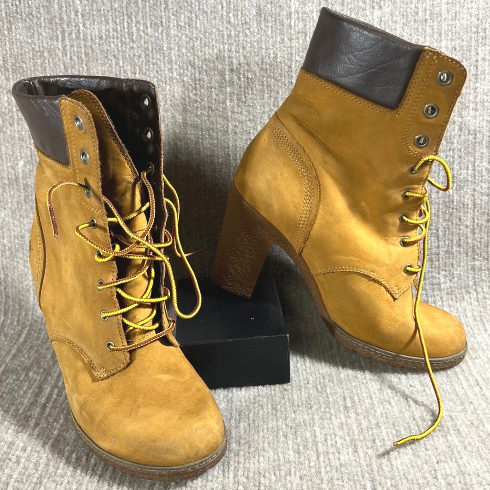 Timberland Women Heeled Lace Up Boots Wheat Brown Leather Size 7.5